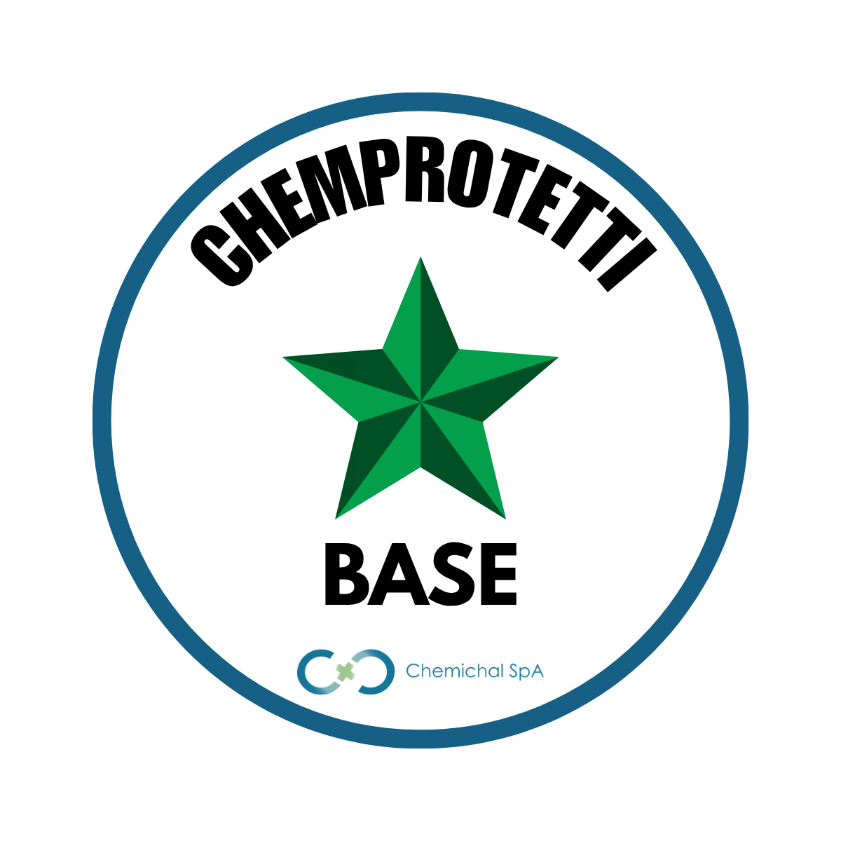 Circular badge with a blue border, featuring a green five-point star at center and the words CHEMPROTETTI at the top and BASE below, plus a small Chemical SpA logo at the bottom.