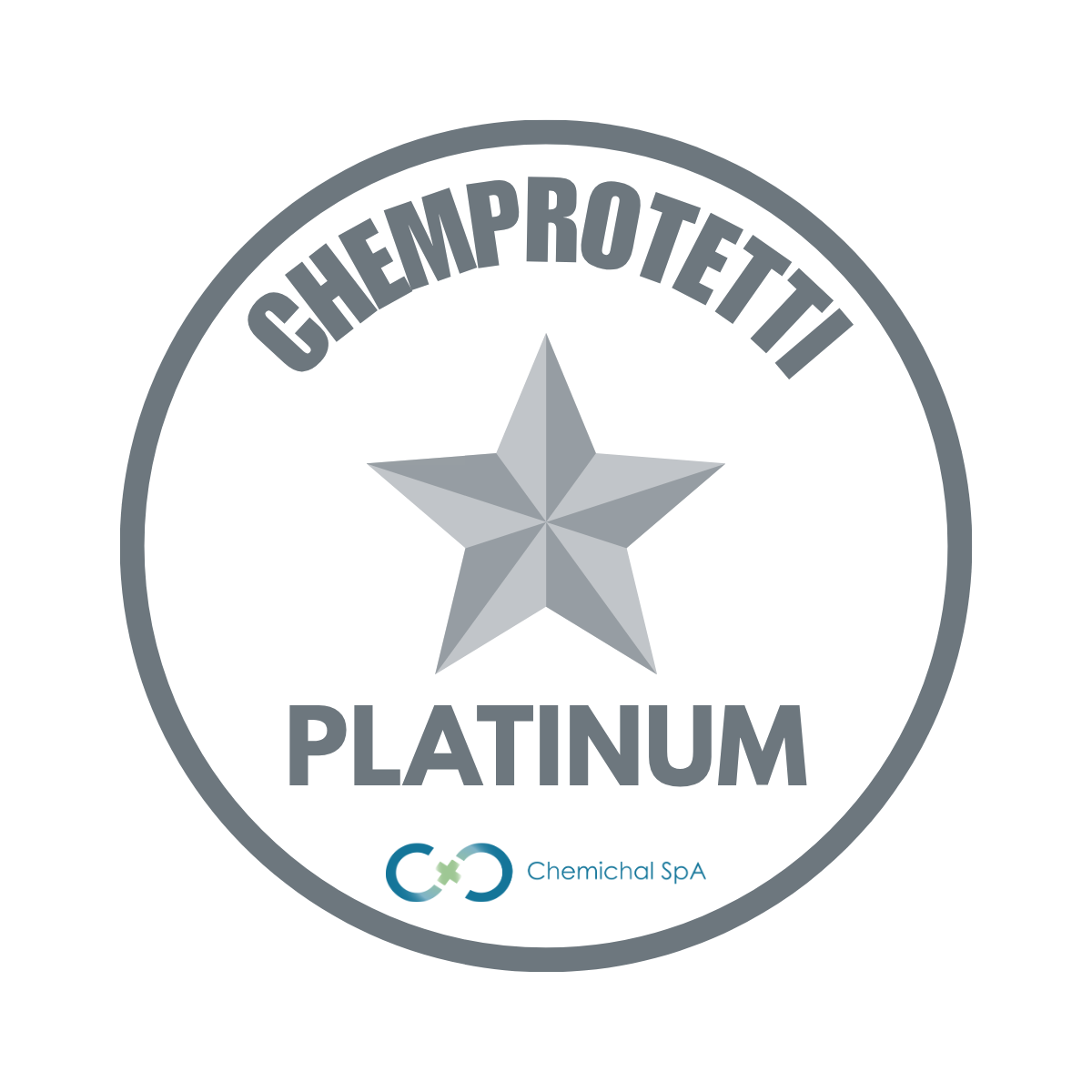 Circular white award badge with a gray border; words 'CHEMPROTETTI' along the top arc and 'PLATINUM' across the bottom, with a central five-point star and a small Chemical SpA logo at the bottom.