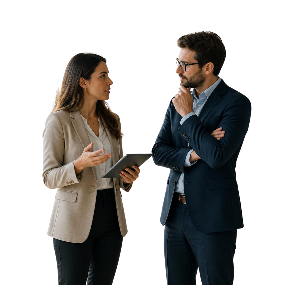 Two professionals in business attire discuss, the woman holding a tablet and gesturing while the man listens thoughtfully