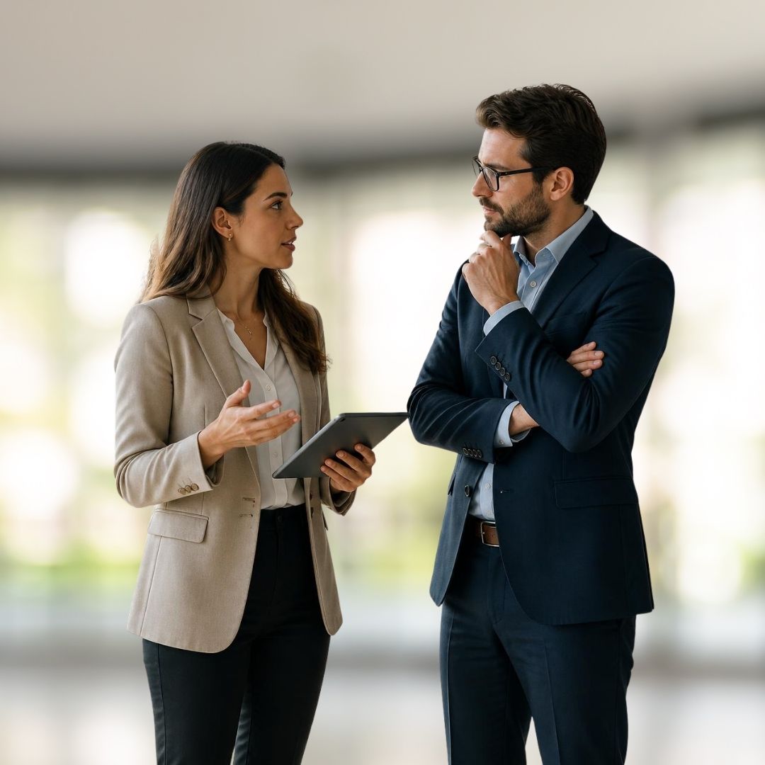 Two professionals discuss in a bright office; the woman holds a tablet and speaks while the man listens thoughtfully.